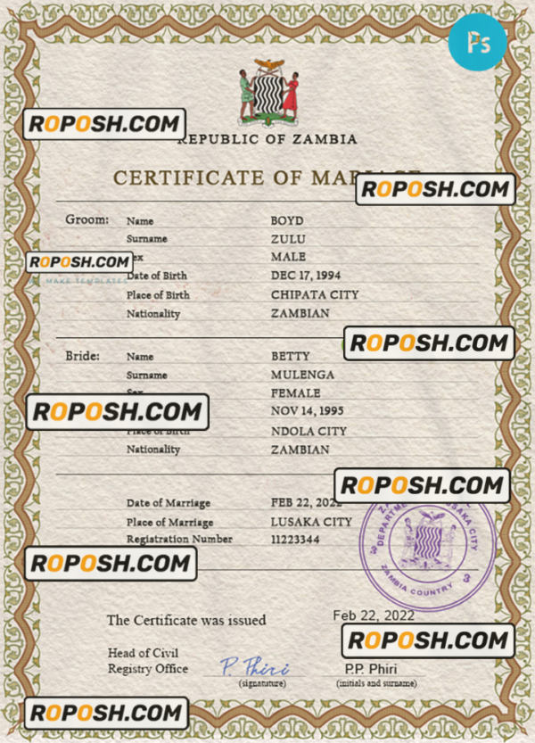 Zambia marriage certificate PSD template, fully editable scan effect