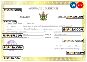 Zimbabwe marriage certificate Word and PDF template, completely editable