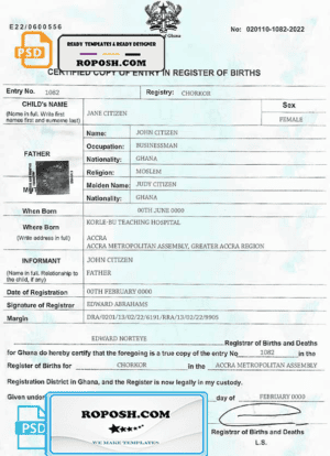 Ghana birth certificate template in PSD format, fully editable