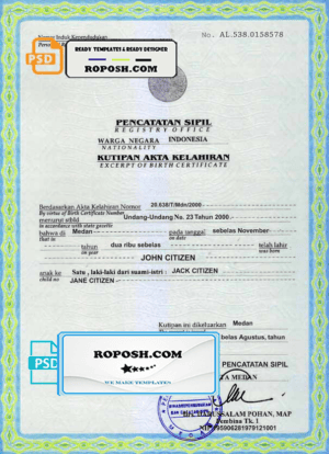 Indonesia birth certificate template in PSD format, fully editable
