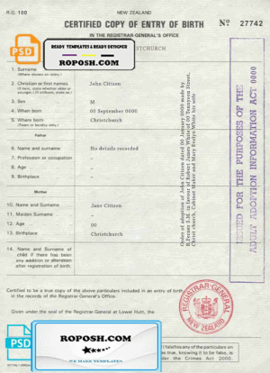 New Zealand birth certificate template in PSD format, fully editable