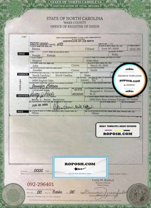 USA North Carolina state birth certificate template in PSD format, fully editable