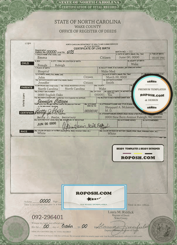 USA North Carolina state birth certificate template in PSD format, fully editable