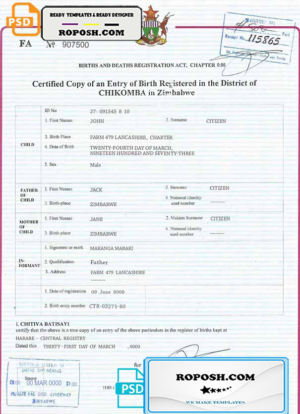 Zimbabwe birth certificate template in PSD format, fully editable