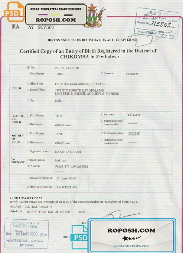 Zimbabwe birth certificate template in PSD format, fully editable | roposh