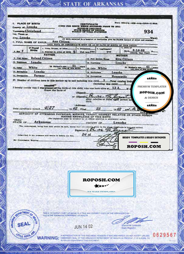USA Arkansas state birth certificate template in PSD format, fully editable