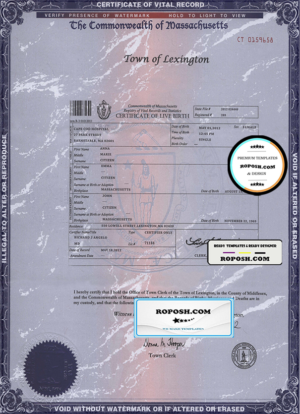 USA Massachusetts state birth certificate template in PSD format, fully editable