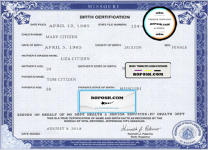 USA Missouri state birth certificate template in PSD format, fully editable