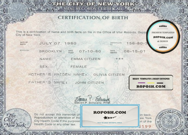 USA New York state birth certificate template in PSD format, fully editable scan effect