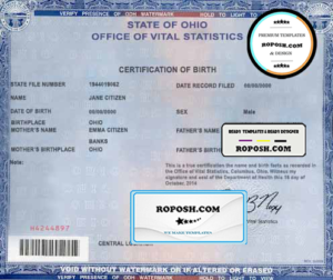 USA Ohio state birth certificate template in PSD format, fully editable