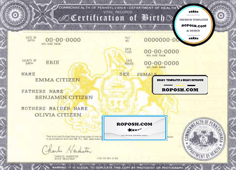 USA Pennsylvania state birth certificate template in PSD format, fully editable