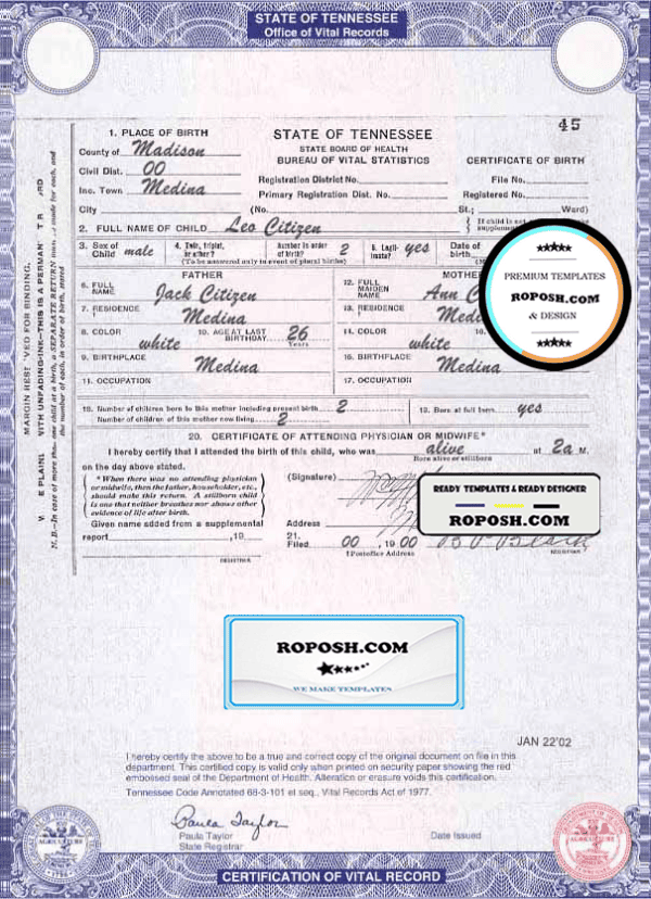 USA Tennessee state birth certificate template in PSD format, fully editable