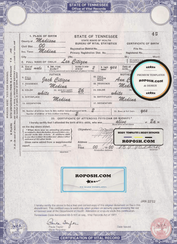 USA Tennessee state birth certificate template in PSD format, fully editable