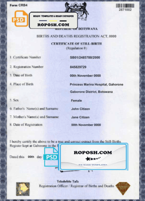 Botswana birth certificate template in PSD format, fully editable
