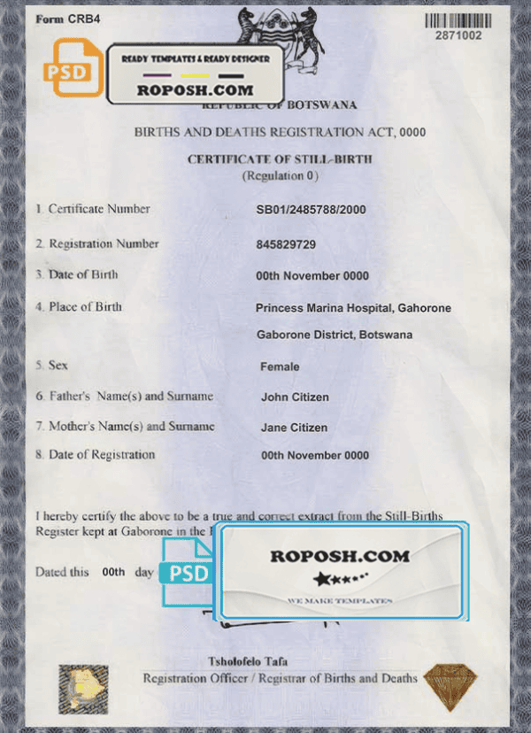 Botswana birth certificate template in PSD format, fully editable