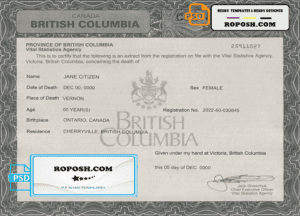 Canada British Columbia death certificate template in PSD format