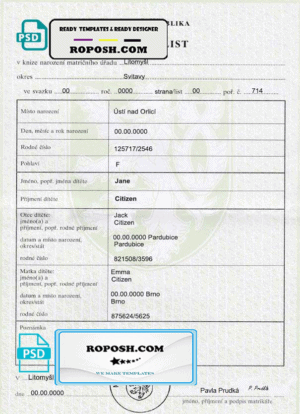 Czech birth certificate fully editable template in PSD format