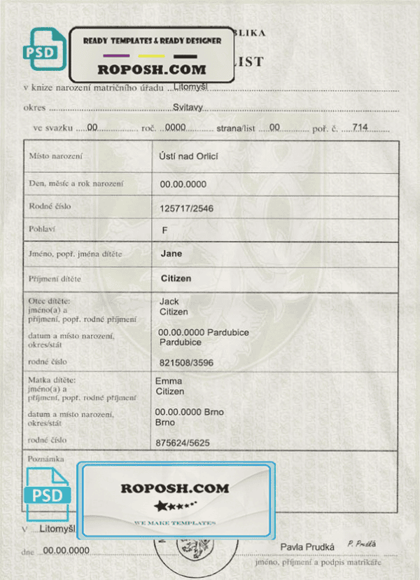 Czech birth certificate fully editable template in PSD format