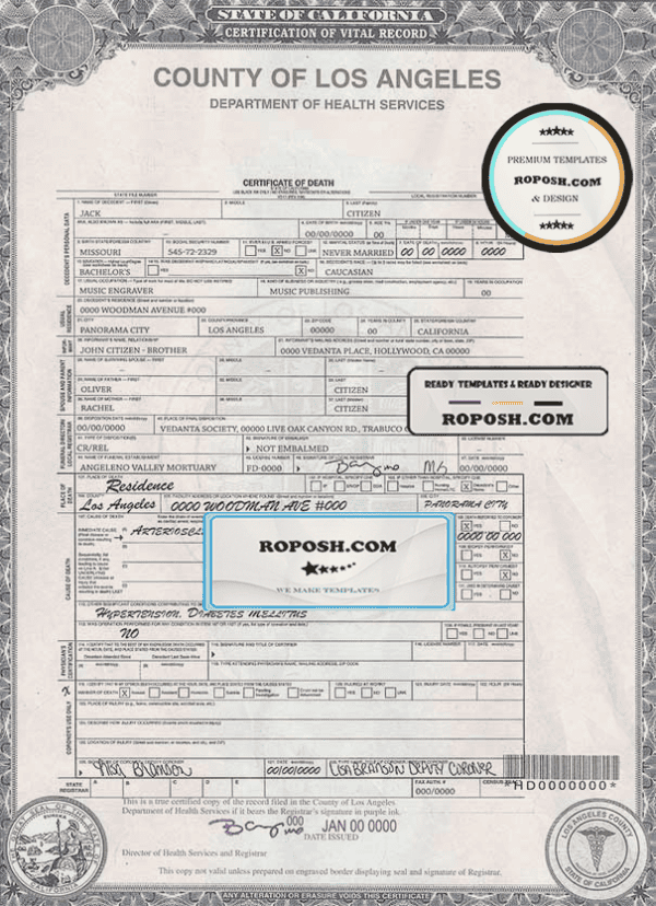 USA county of Los Angeles death certificate template in PSD format, fully editable