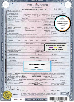USA state Florida death certificate template in PSD format, fully editable