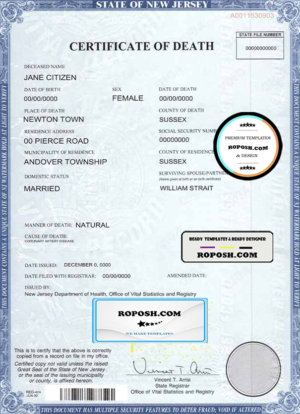 USA state New Jersey death certificate template in PSD format, fully editable