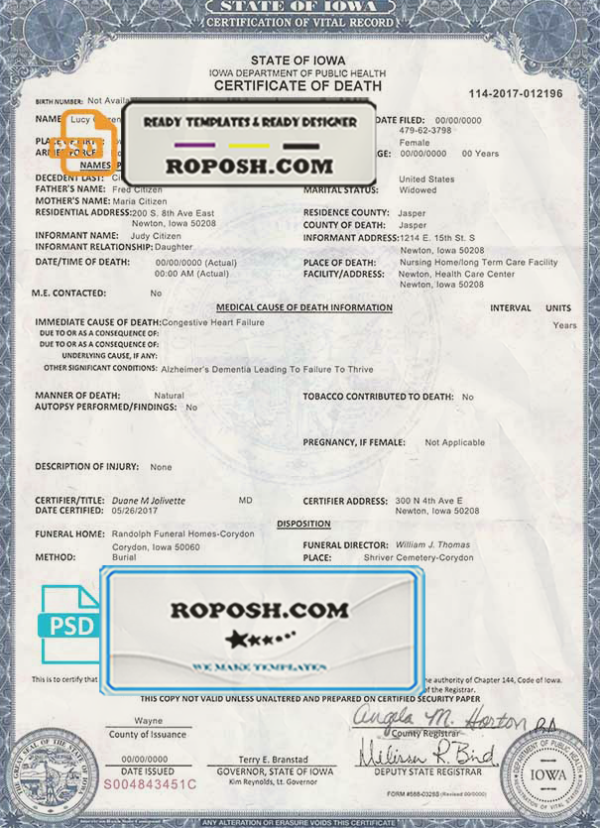 USA Iowa state death certificate template in PSD format, fully editable scan effect