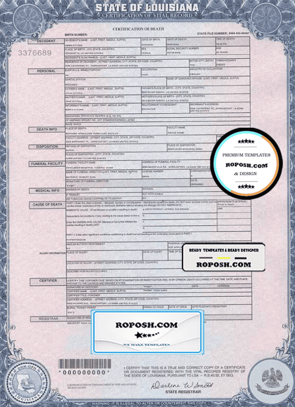 USA Louisiana state death certificate template in PSD format, fully editable