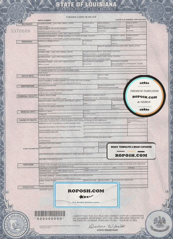 USA Louisiana state death certificate template in PSD format, fully editable