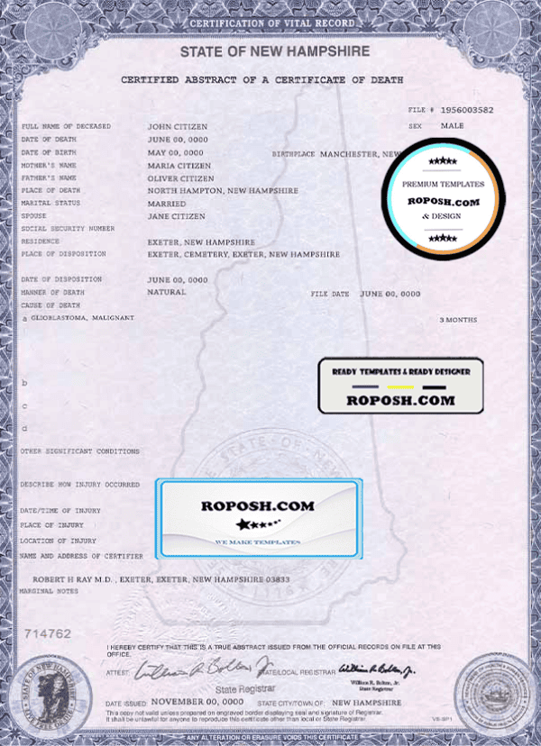 USA state New Hampshire death certificate template in PSD format, fully editable