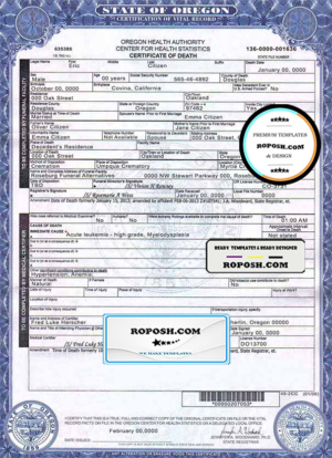 USA Oregon state death certificate template in PSD format
