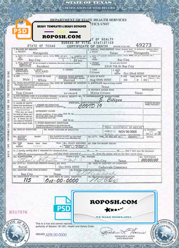 USA Texas state death certificate template in PSD format, fully editable, version 2