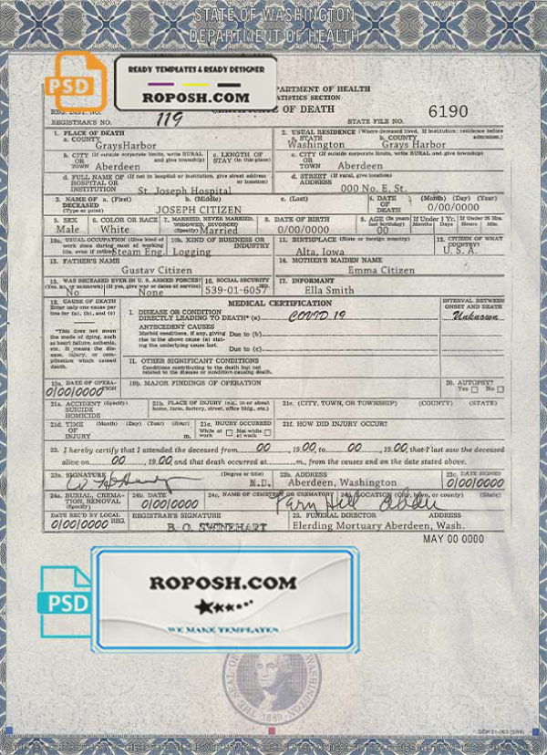 USA Washington state death certificate template in PSD format, fully editable scan effect