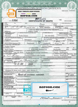 USA Washington state death certificate template in PSD format, fully editable, version 2