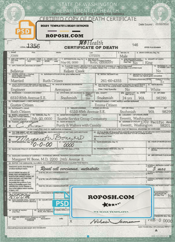 USA Washington state death certificate template in PSD format, fully editable, version 2