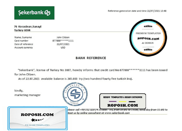 Turkey Sekerbank reference letter template in Word and PDF format