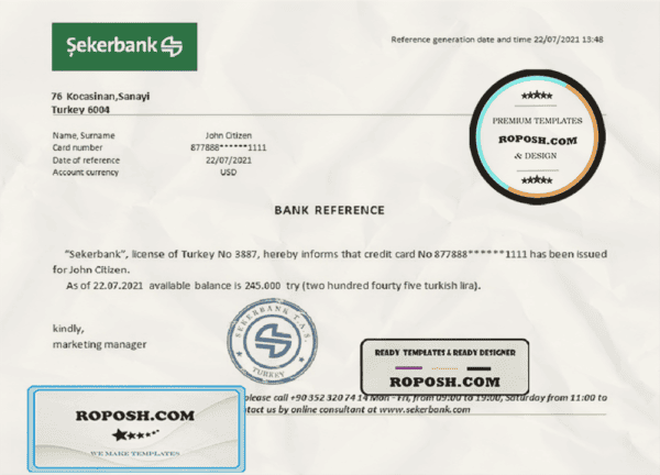 Turkey Sekerbank reference letter template in Word and PDF format