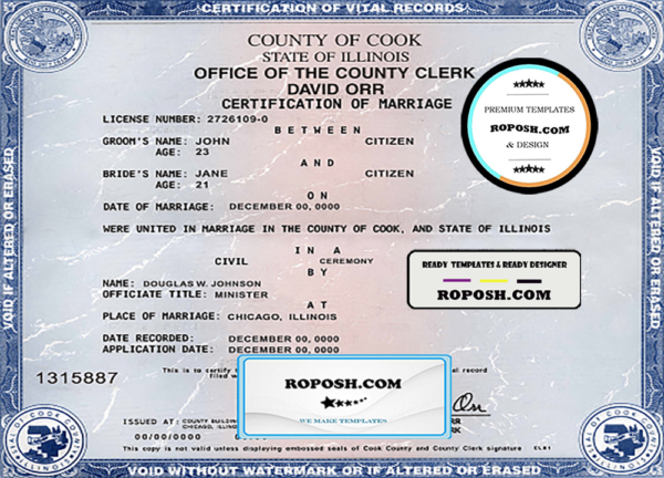 USA state Illinois marriage certificate template in PSD format, fully editable