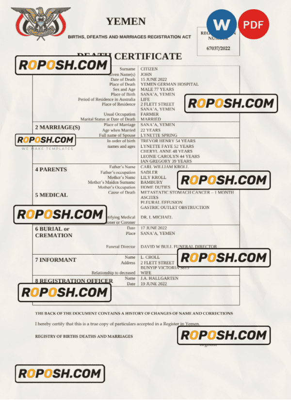 Yemen death certificate Word and PDF template, completely editable
