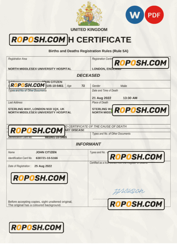 United Kingdom vital record death certificate Word and PDF template