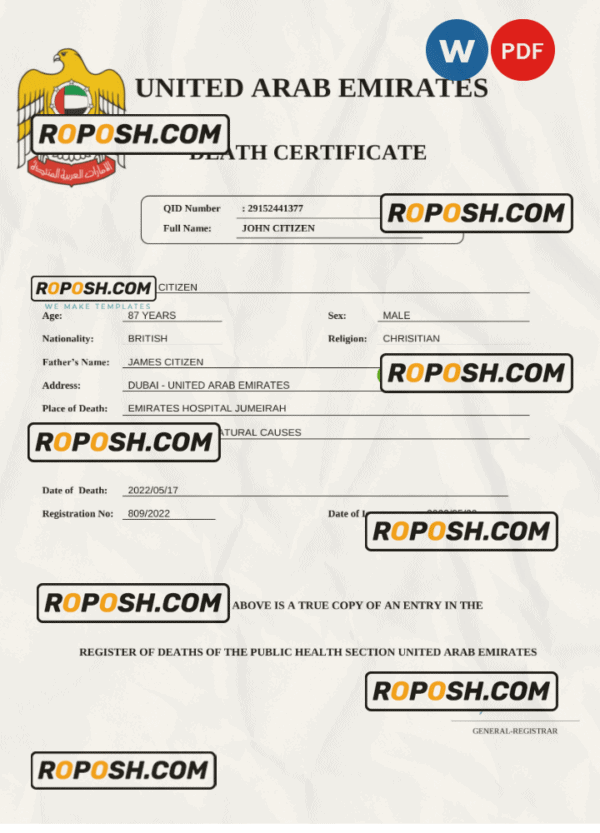 UAE vital record death certificate Word and PDF template