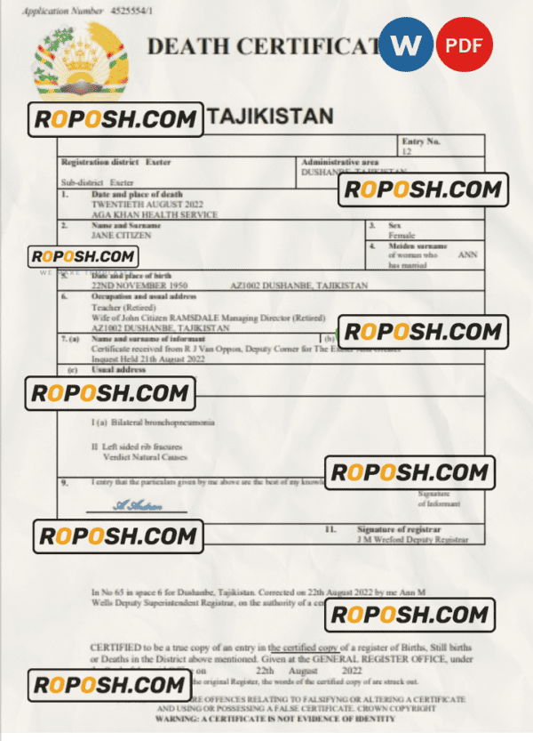 Tajikistan vital record death certificate Word and PDF template
