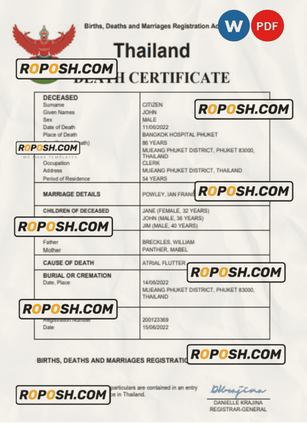 Thailand death certificate Word and PDF template, completely editable