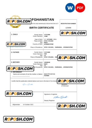 Afghanistan vital record birth certificate Word and PDF template, fully editable