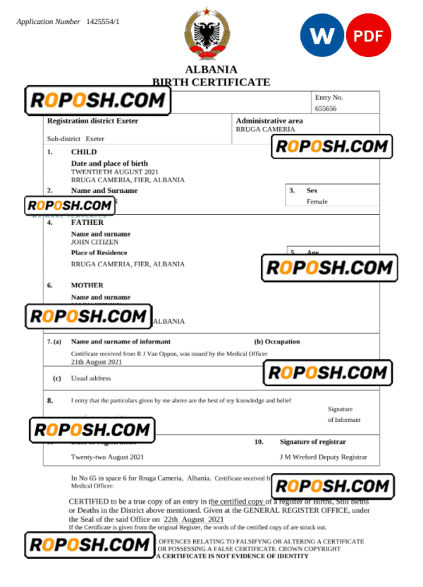 Albania birth certificate Word and PDF template, completely editable