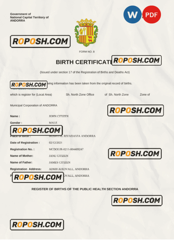Andorra vital record birth certificate Word and PDF template