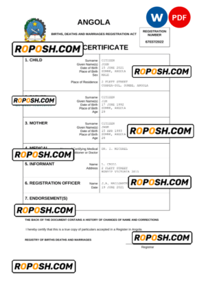 Angola vital record birth certificate Word and PDF template, fully editable