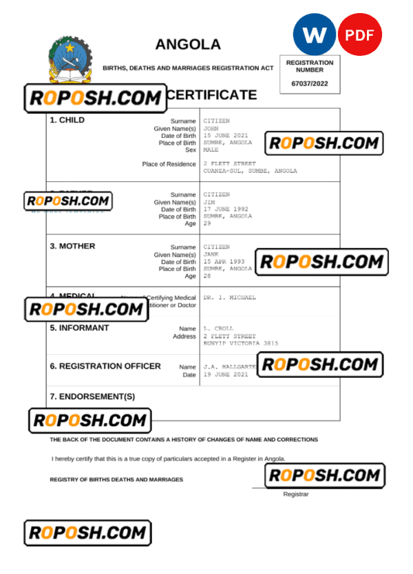 Angola vital record birth certificate Word and PDF template, fully editable