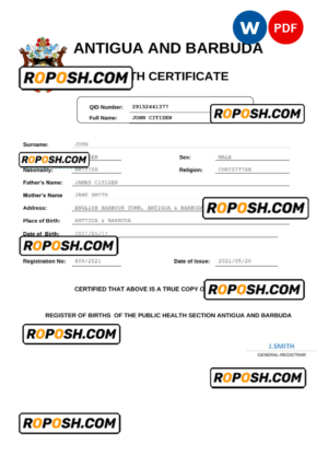 Antigua and Barbuda birth certificate Word and PDF template, completely editable