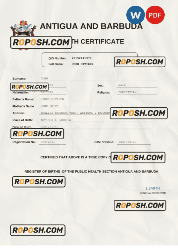 Antigua and Barbuda birth certificate Word and PDF template, completely editable