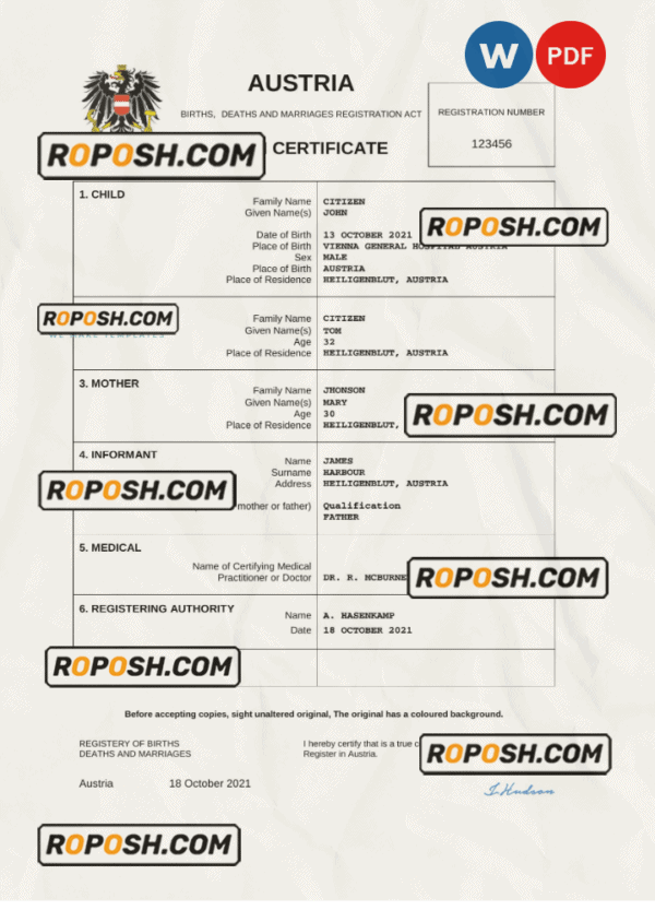 Austria vital record birth certificate Word and PDF template
